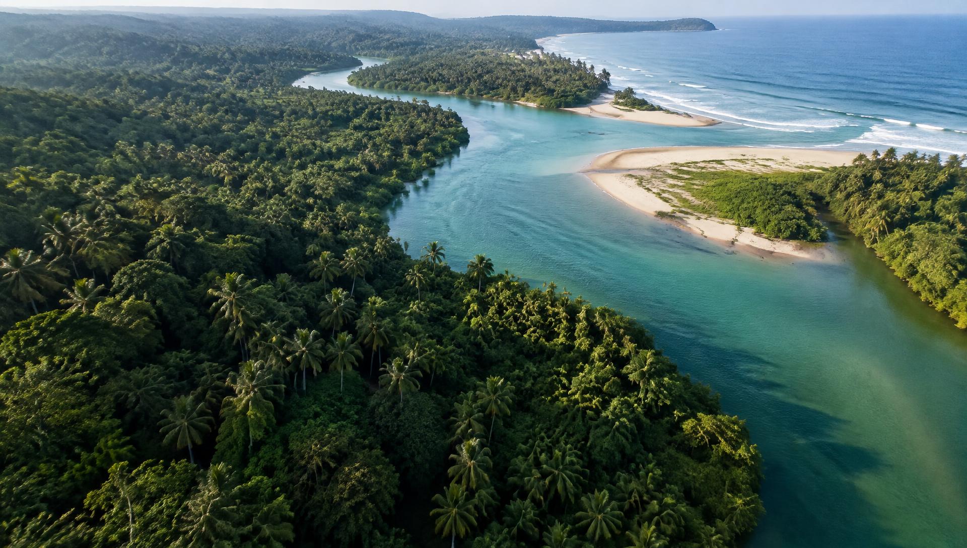 Illustrative aerial view of a tropical river flowing through palms to the Indian Ocean